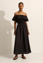 Off The Shoulder Ruffle Dress - Black - Matteau